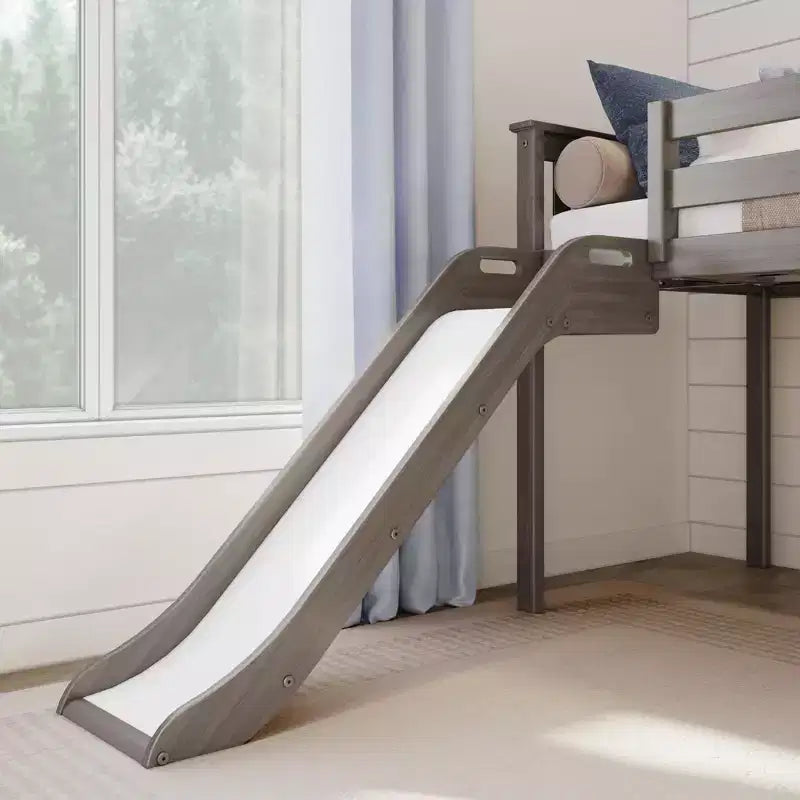 Letto a soppalco basso per bambini con scivolo e scale, legno massiccio, 14 sponde protettive, capacità 181 kg