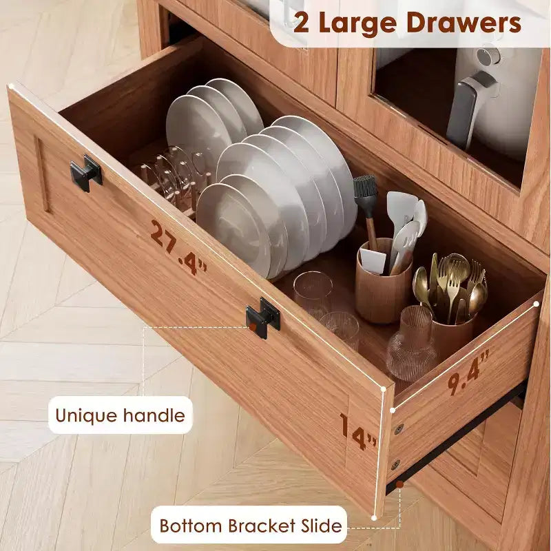 Mobile dispensa da cucina colonica con ante in vetro, armadio contenitore da 72 pollici con cassetti e ripiani regolabili per sala da pranzo, bagno, soggiorno