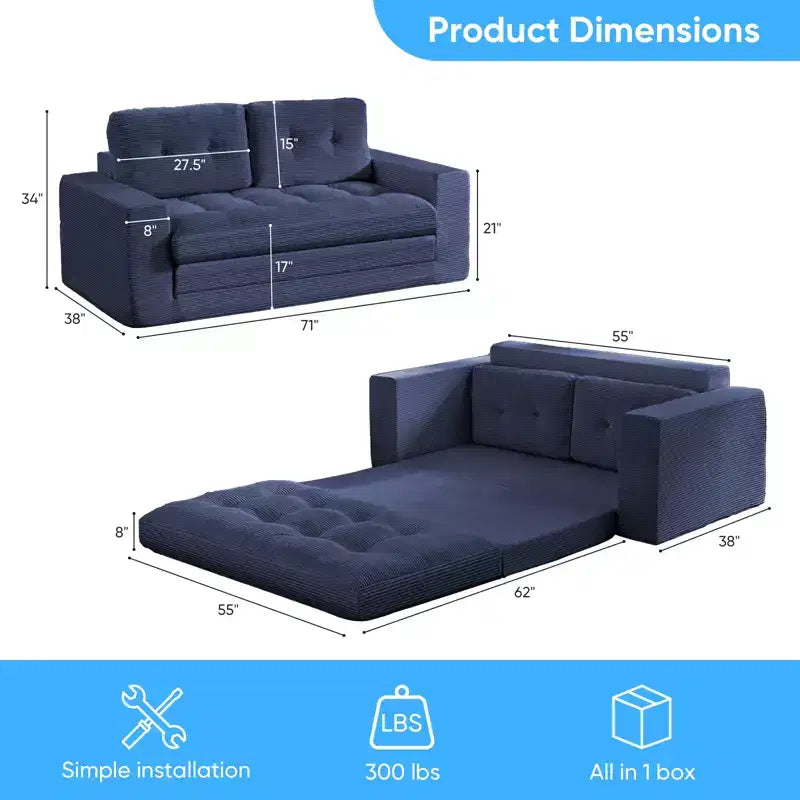 Mjkone Divano Letto Futon Convertibile 2-in-1 da 180 cm, in Tessuto a Coste, Pieghevole con Bottoni Trapuntati, Salvaspazio