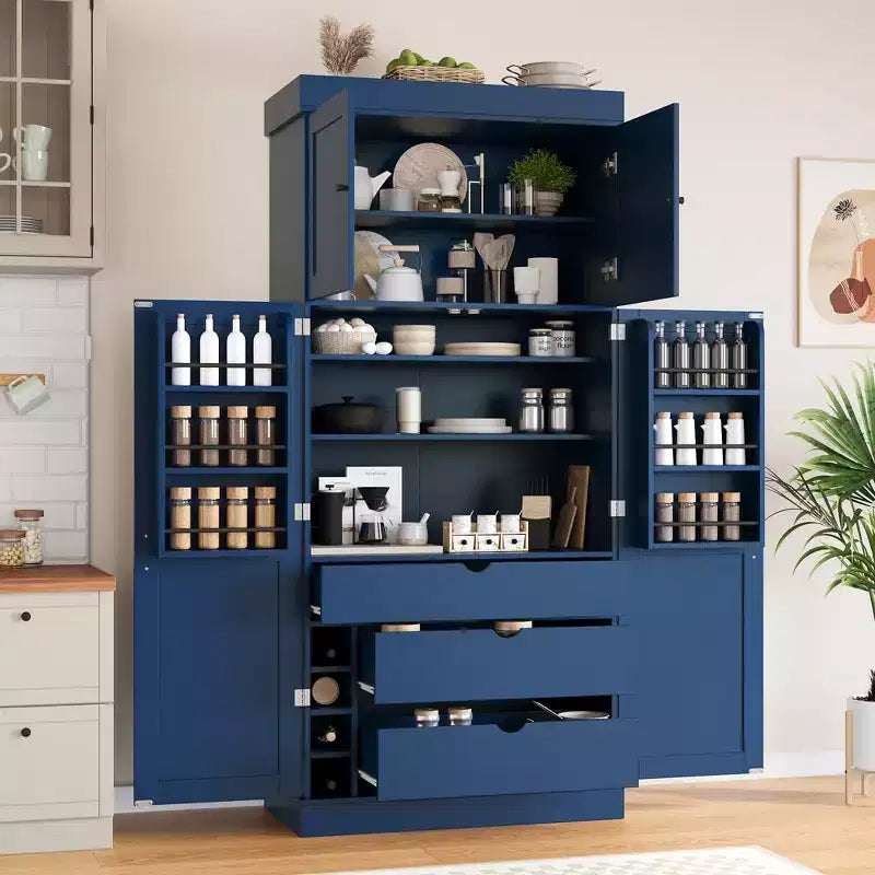 Dispensa da cucina indipendente 77H, armadio contenitore in stile rustico con ripiani regolabili, ripiani sulla porta, cassetti e portabottiglie - ModernLuxe