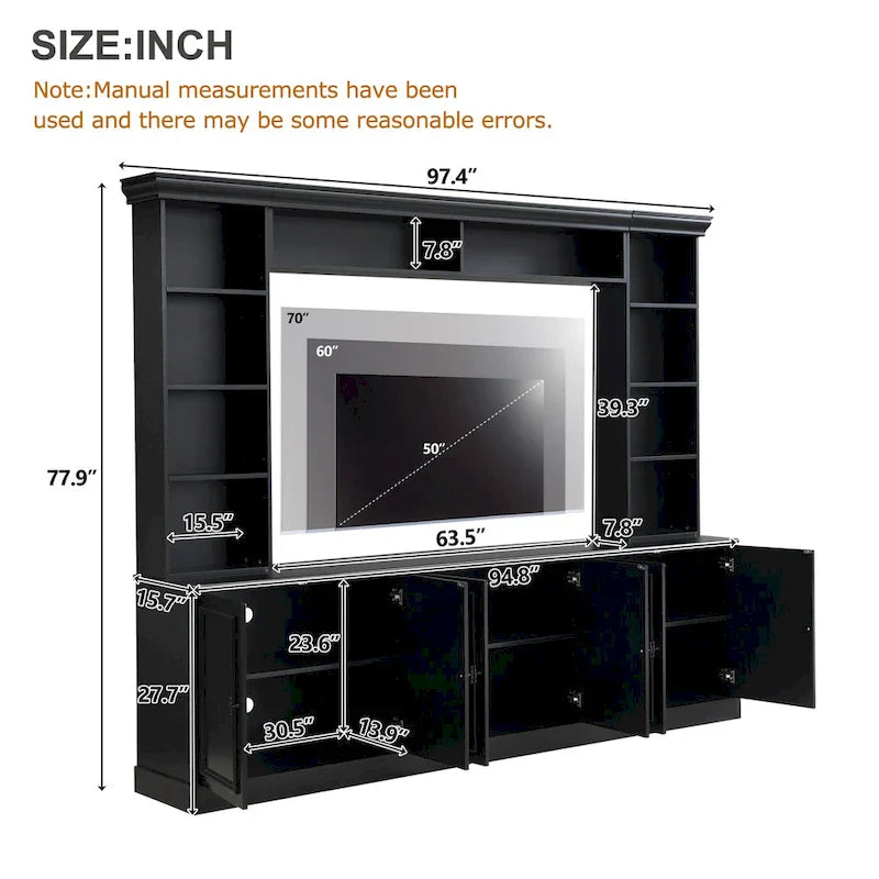 Mobile TV a parete con 4 pezzi e ponte, per televisori fino a 70", porta TV con ripiani regolabili, ampia console multimediale