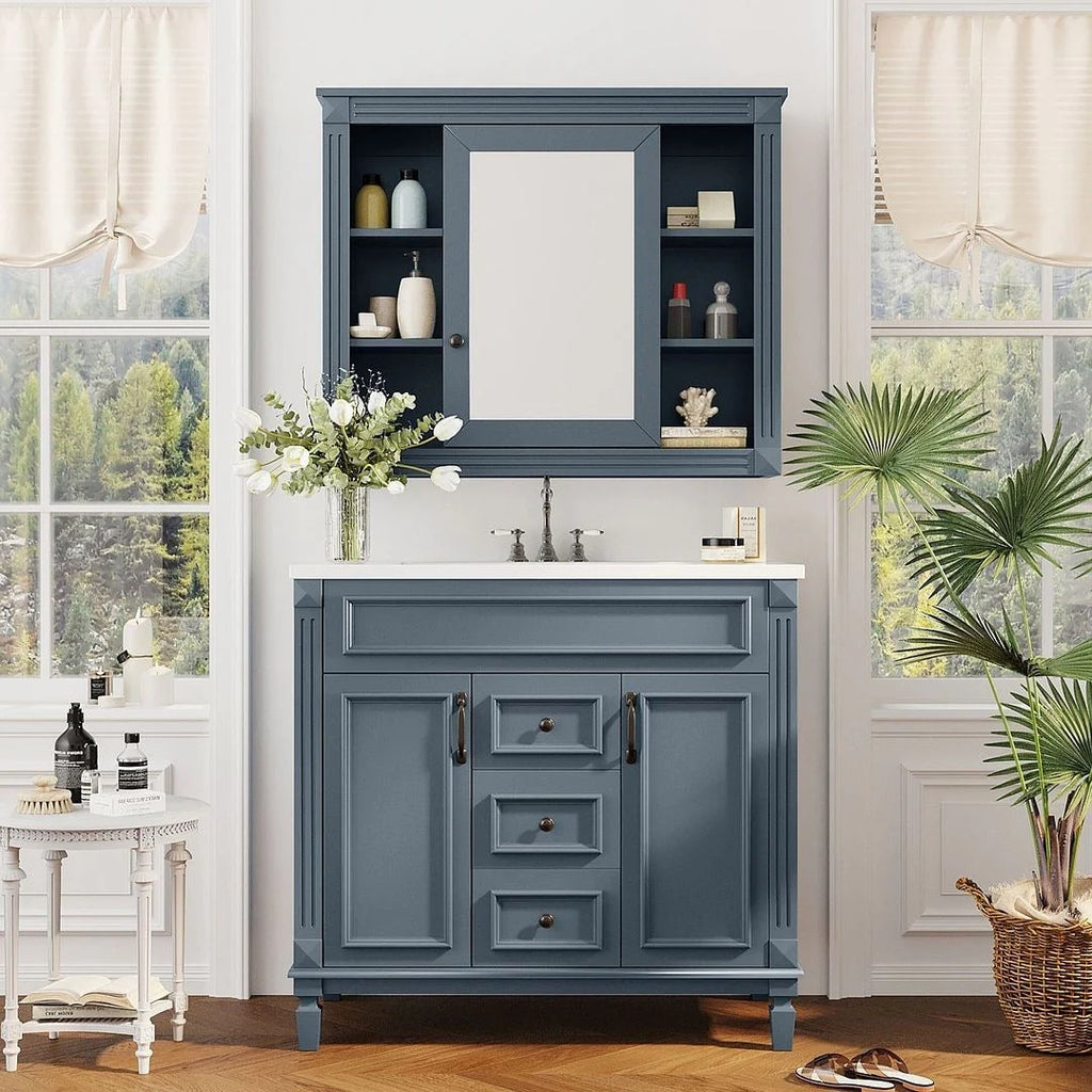 Mobile bagno moderno da 90 cm con lavabo integrato e specchiera, 2 ante e 2 cassetti