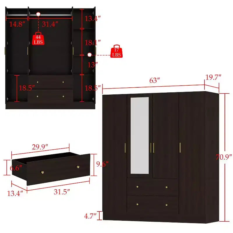 Armadio Hitow con 2 cassetti grandi, zona appendiabiti centrale con specchio, stile minimalista