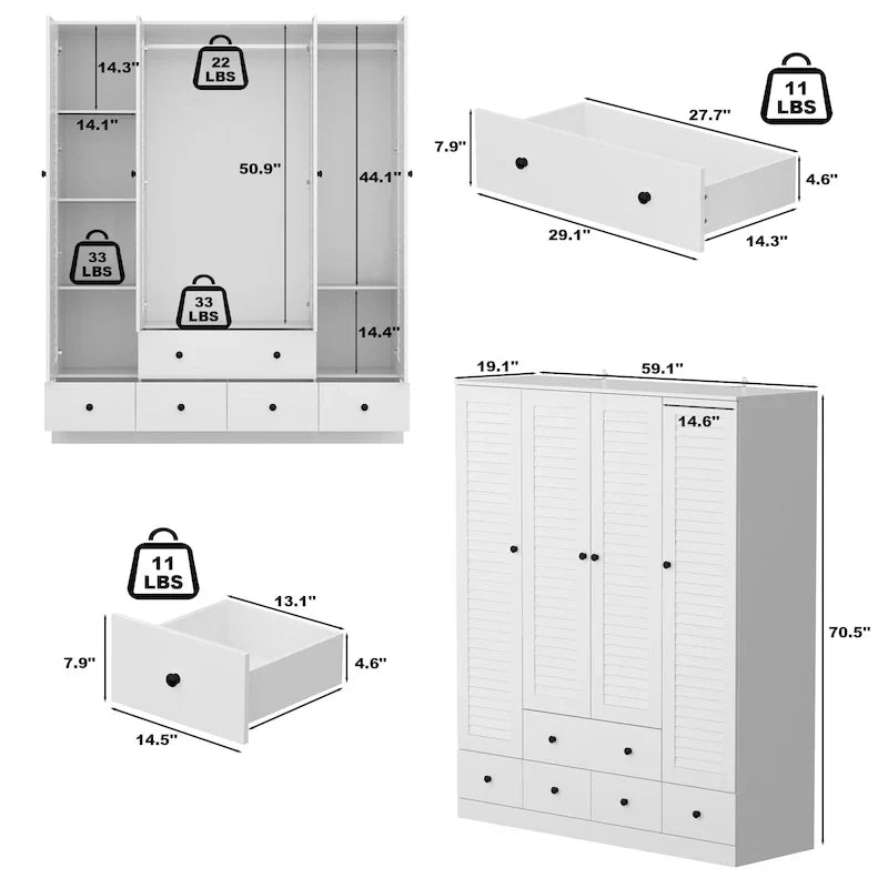 Armadio guardaroba cabina armadio 59W grande armadio indipendente bianco