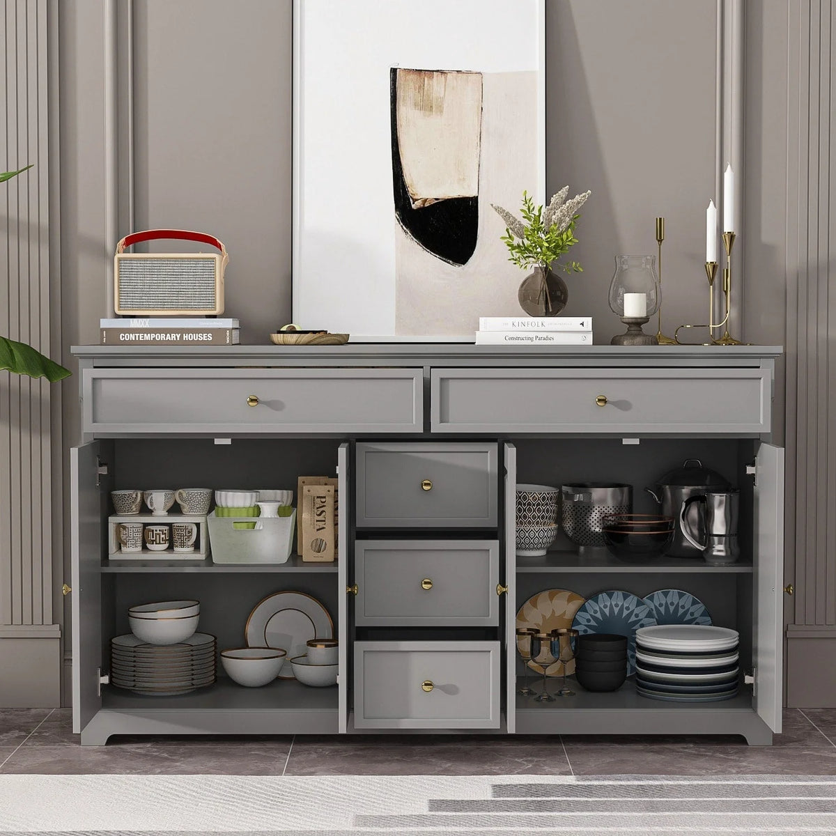 59.1'' Credenza Buffet Bianco Laccato Mid-Century Modern Contemporaneo