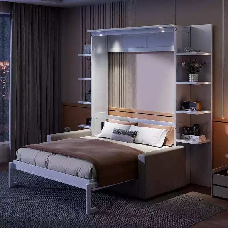 Letto a scomparsa Whisen Modern Design con struttura in legno, Queen Size, con divano e mensole