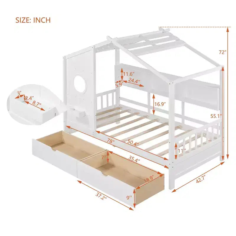 Letto in legno a forma di casa Twin/Full Size con 2 cassetti, letto per bambini con scaffale portaoggetti - ModernLuxe