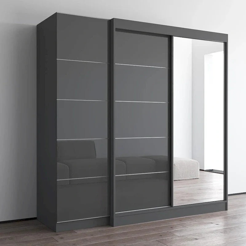 Armadio a 2 ante con specchio, frontale in vetro, 2 persone (grigio / nero / bianco)