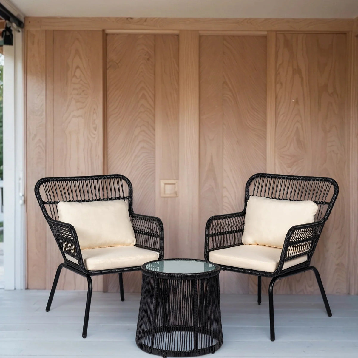 Set da Bistrò per Conversazione da Esterno a 3 Pezzi in Vimini, Set di Sedie da Patio in Rattan per Tutte le Stagioni con Cuscini