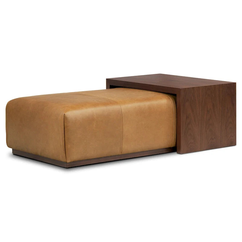 Poly & Bark Pouf Jarmo con Tavolino Regolabile in Noce - Vera Pelle Italiana Pieno Fiore