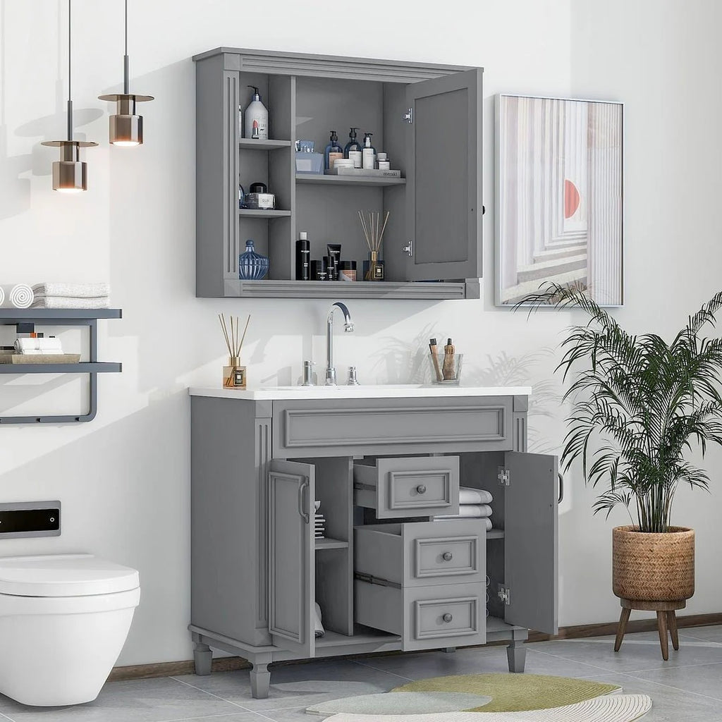 Mobile bagno moderno da 90 cm con lavabo integrato e specchiera, 2 ante e 2 cassetti