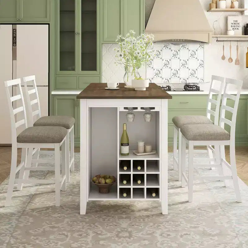 Set da pranzo da 5 pezzi in stile rustico ad altezza bancone con sedie per 4 persone, tavolo rettangolare in legno con ripiani e scomparto per vino