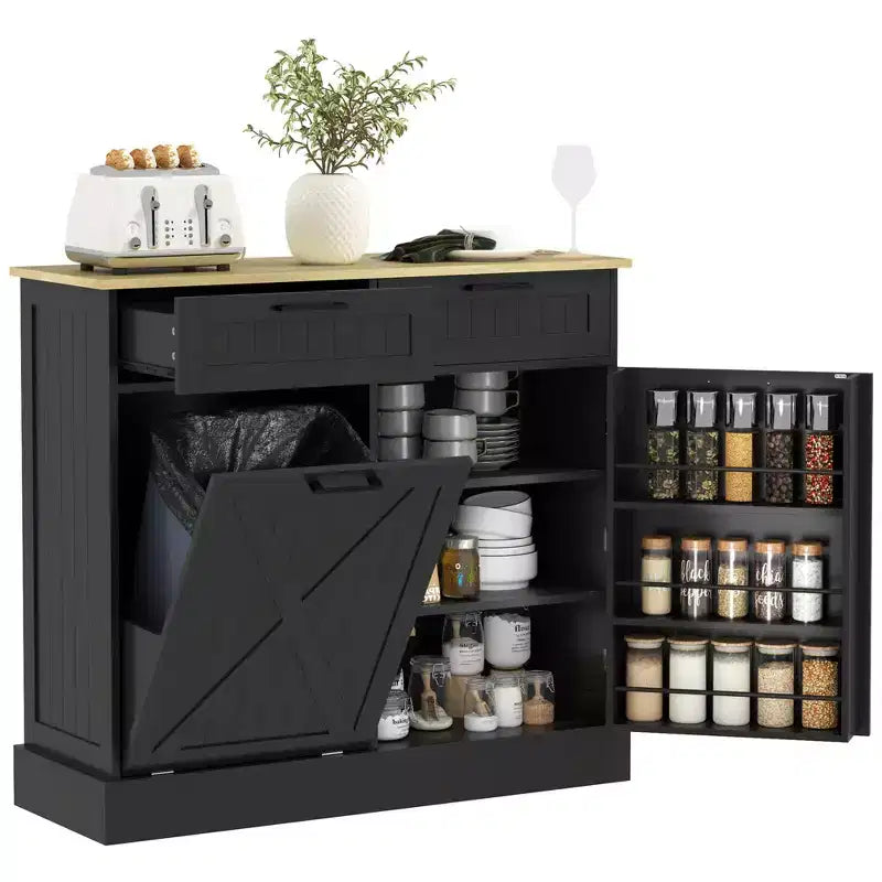 HOMCOM Mobiletto Pattumiera Inclinabile con Cassetti, Mobile Contenitore da Cucina Stile Farmhouse con Pattumiera Nascosta