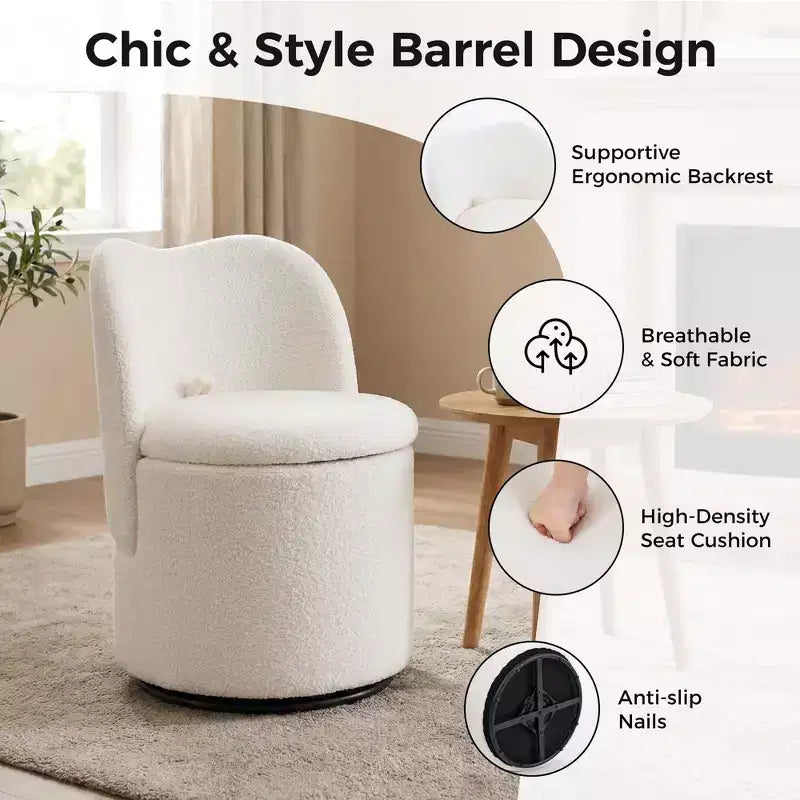 Sedia da toilette girevole con contenitore, Sgabello da trucco rotondo imbottito con schienale, Poltroncina a botte imbottita per camera da letto e soggiorno