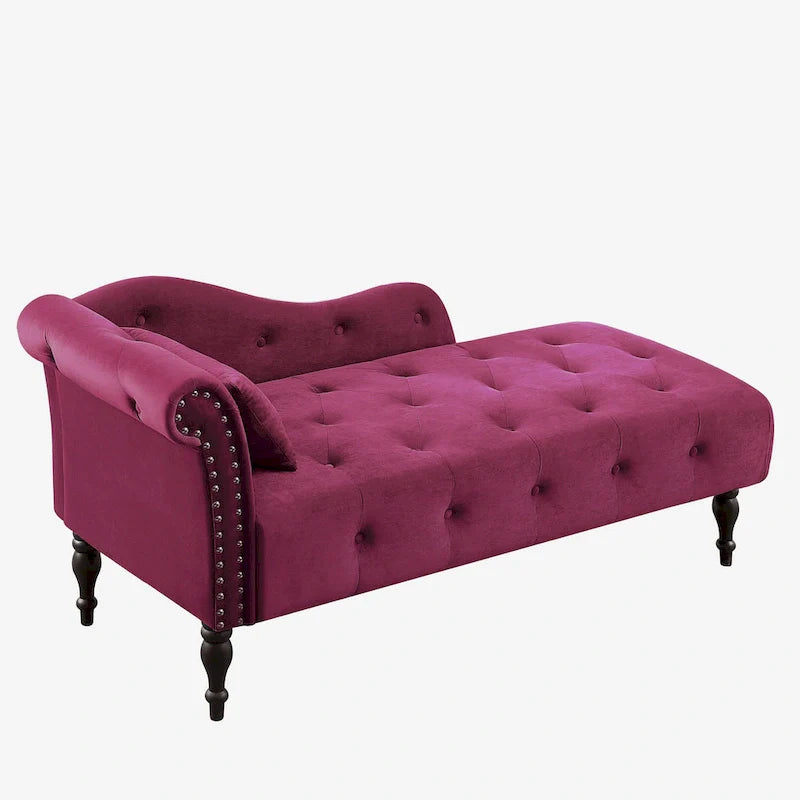 Moderna Chaise Longue da 60.6" in Velluto Imbottito con Bottoni Capitonnè, Gambe in Legno Massello e Borchie