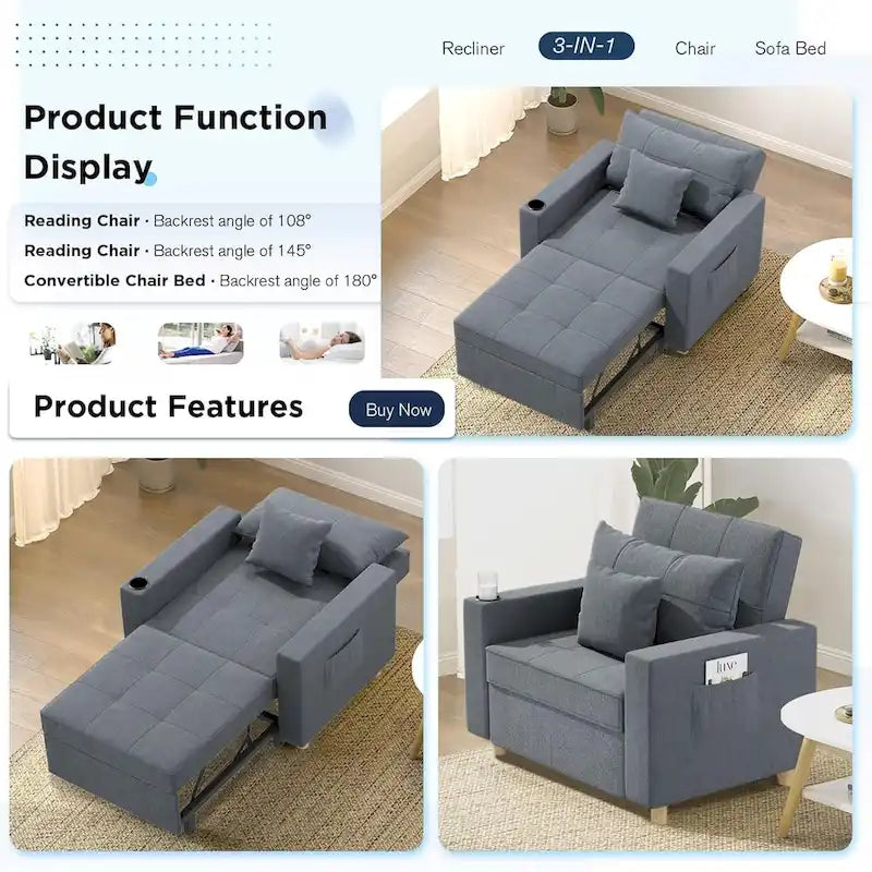 Poltrona Letto Trasformabile Regolabile, 3-in-1, Diversi Colori, Adatta a 1 Persona