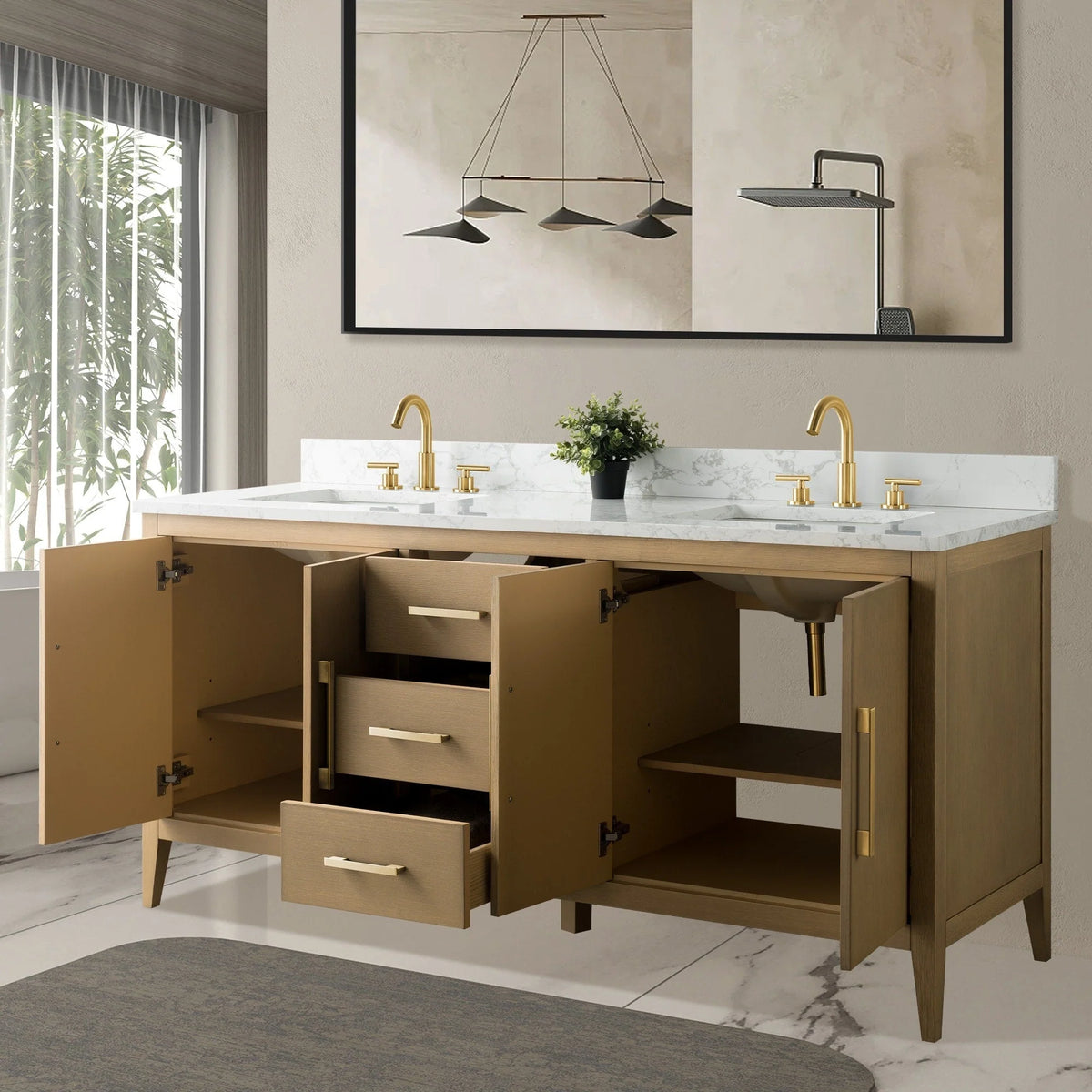 Mobile lavabo doppio Vanity Art 72 per bagno, con top in marmo tecnico