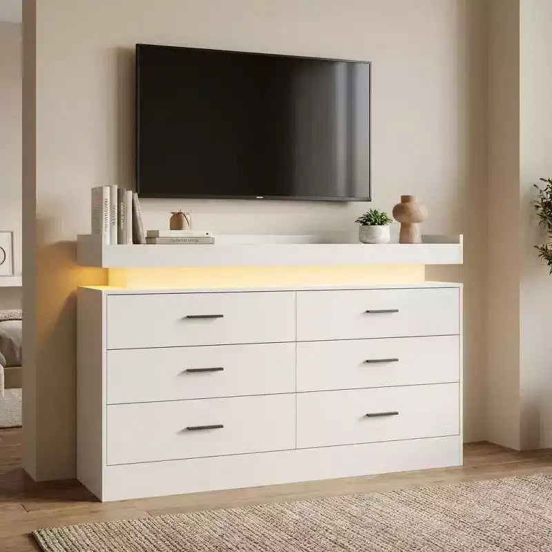 Mobile TV moderno con 6 cassetti e luci LED, bancone galleggiante per caffè/bar, per soggiorno, centro di intrattenimento