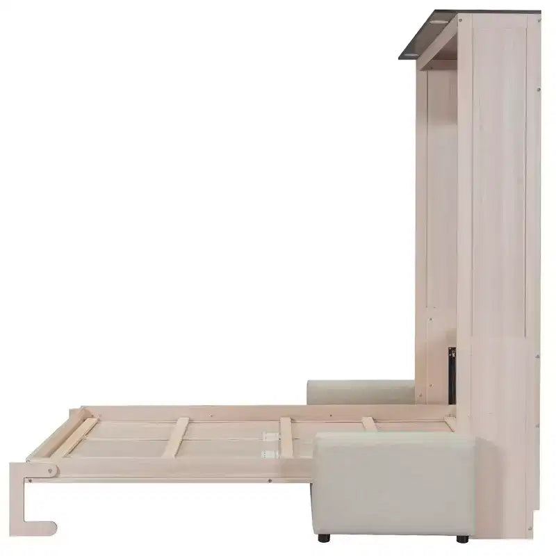 Letto a scomparsa matrimoniale con divano, letto a scomparsa matrimoniale in legno con luce a LED, letto a scomparsa pieghevole per camera degli ospiti, beige