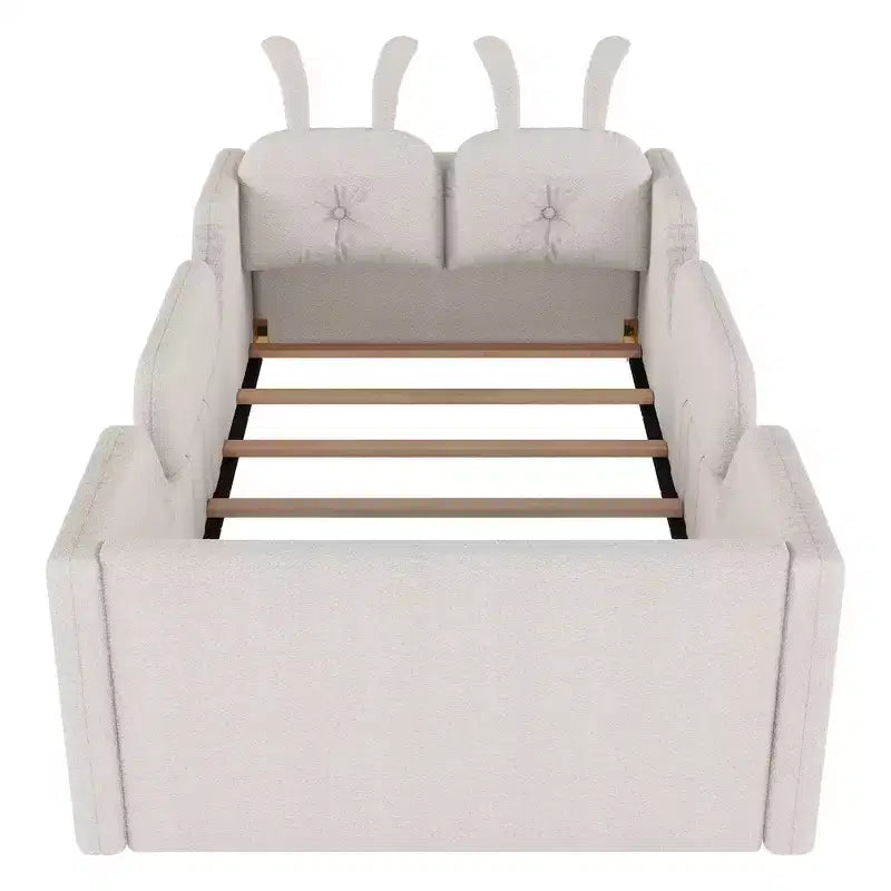 Letto a piattaforma Whisen Twin, struttura letto imbottita per bambini con cuscino a coniglio, sponde laterali rimovibili