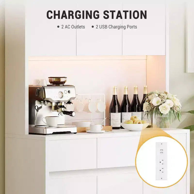 Mobile dispensa da cucina da 71 pollici, mobile credenza con luci a LED e prese di corrente, mobile buffet con supporto per microonde, ripiani regolabili