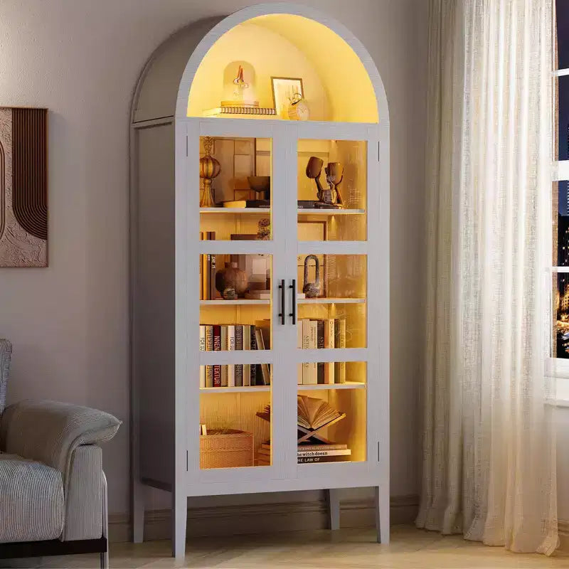Mobiletto contenitore, Nero/Bianco, Stile ad arco, Singolo, Alto 71 con Luci LED e Ante in Vetro