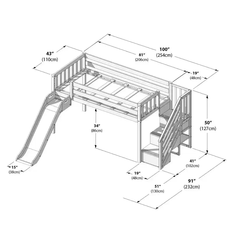Letto a soppalco basso per bambini con scivolo e scale, legno massiccio, 14 sponde protettive, capacità 181 kg
