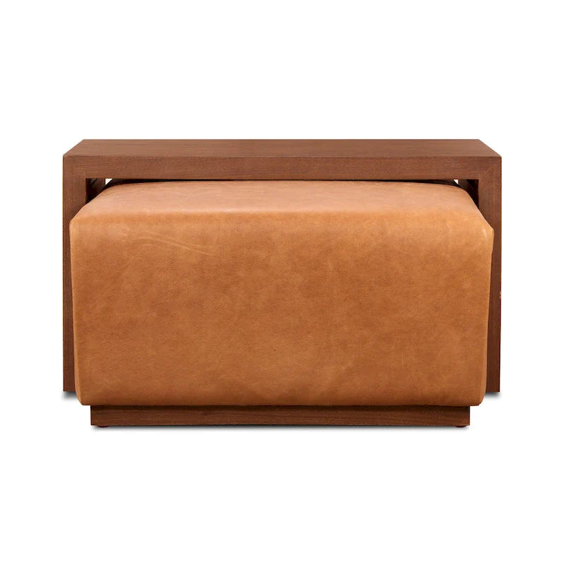 Poly & Bark Pouf Jarmo con Tavolino Regolabile in Noce - Vera Pelle Italiana Pieno Fiore