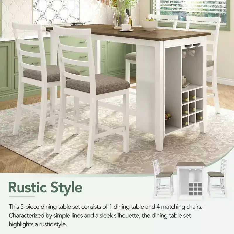 Set da pranzo da 5 pezzi in stile rustico ad altezza bancone con sedie per 4 persone, tavolo rettangolare in legno con ripiani e scomparto per vino
