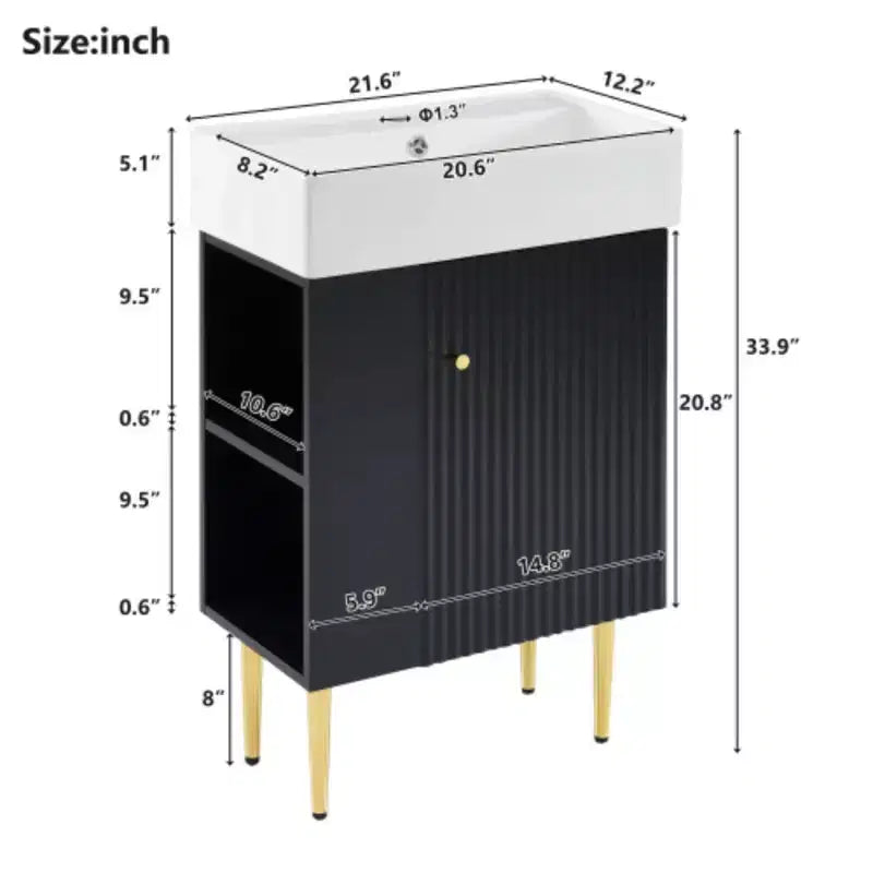 Mobile lavabo da bagno bianco da 21,6", mobiletto combinato, mobiletto da bagno, lavabo singolo in ceramica, contenitore laterale sinistro