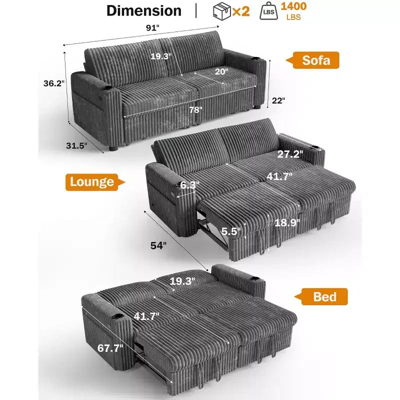 Divano letto componibile Dyonery 91 con letto estraibile, schienale reclinabile/due letti estraibili/porte USB/portabicchieri, velluto a coste felpato