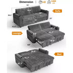 Divano letto componibile Dyonery 91 con letto estraibile, schienale reclinabile/due letti estraibili/porte USB/portabicchieri, velluto a coste felpato