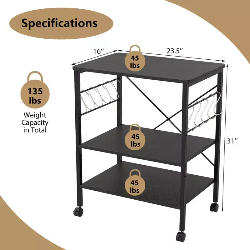 Scaffale da Cucina a 3 Livelli Costway, Carrello per Forno a Microonde con Gancio