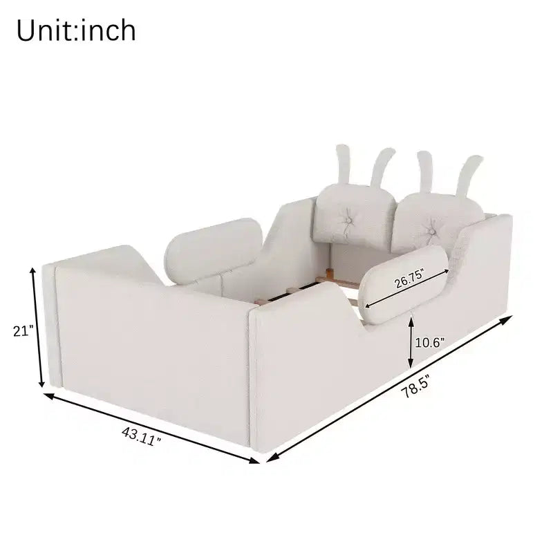 Letto a piattaforma Whisen Twin, struttura letto imbottita per bambini con cuscino a coniglio, sponde laterali rimovibili