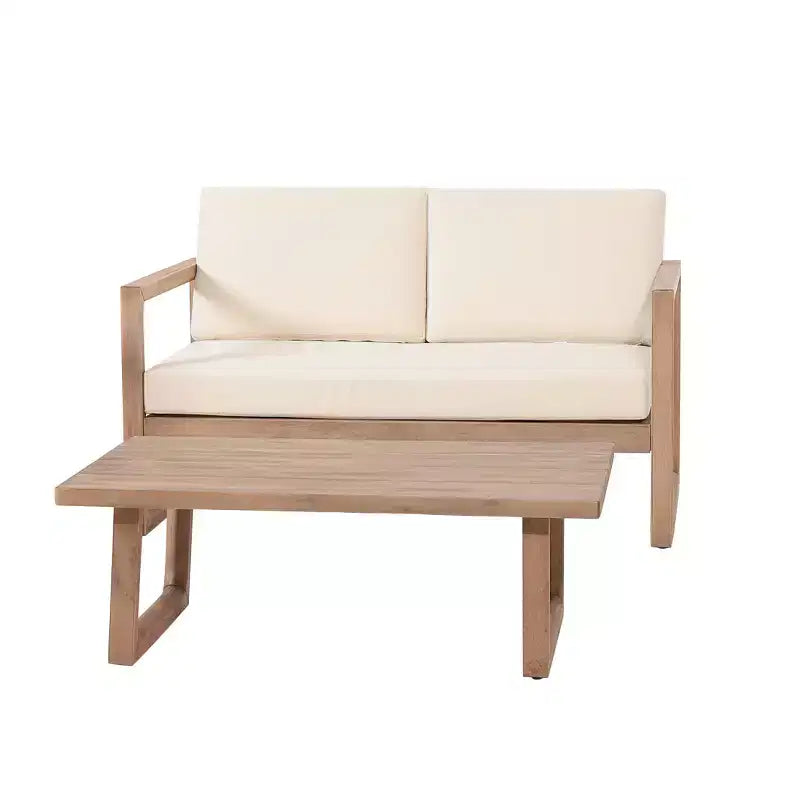 Set di mobili da patio in legno di acacia, set da conversazione per esterni con tavolino da caffè e morbidi cuscini per cortile, portico e balcone, Beige - Merax