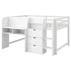 Letto a soppalco basso rosa/bianco con scrivania, contenitore e lavagna bianca - Singolo, 1 persona