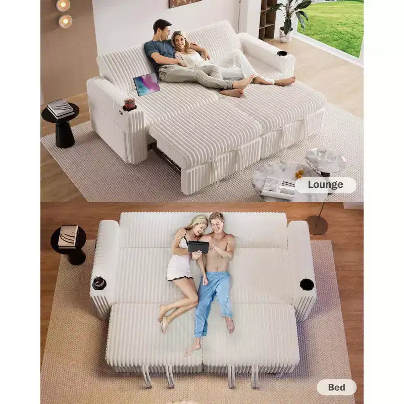 Divano letto componibile Dyonery 91 con letto estraibile, schienale reclinabile/due letti estraibili/porte USB/portabicchieri, velluto a coste felpato