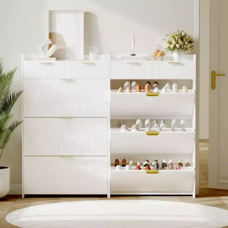 Moderna scarpiera bianca con 3 cassetti a ribalta e 2 cassetti piccoli e gancio, porta scarpe sottile scanalato, mobile stretto per ingresso