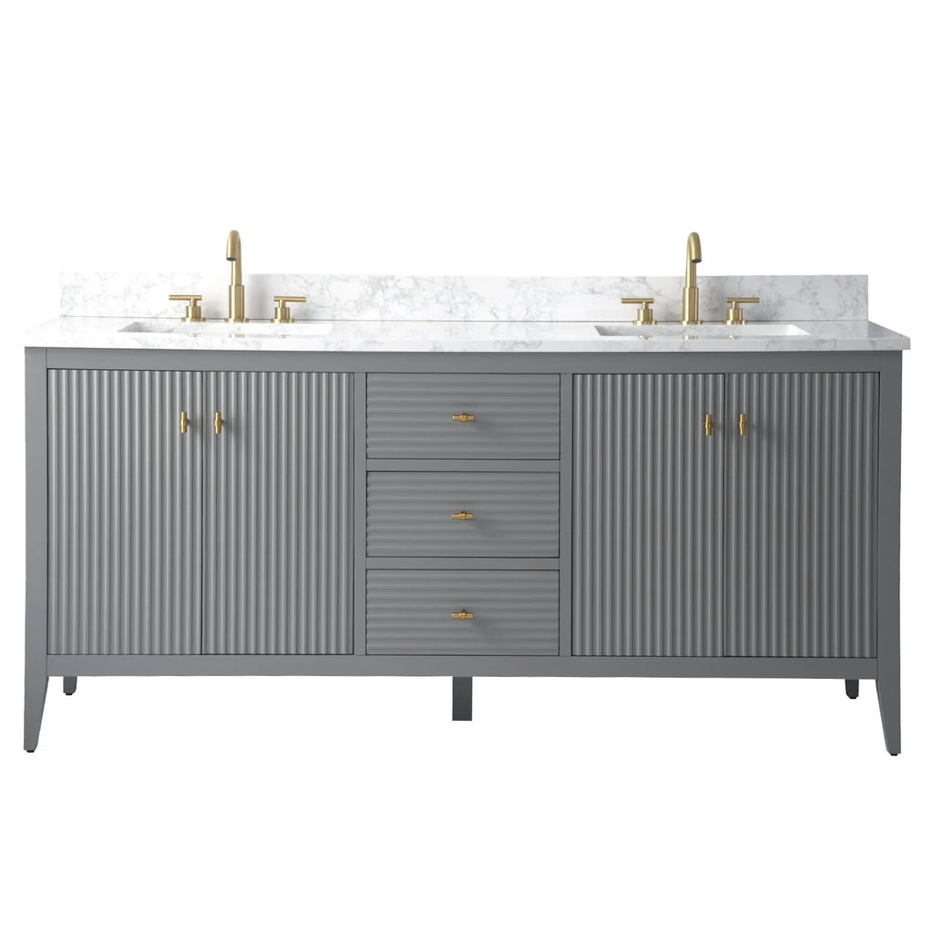 Mobile lavabo doppio Vanity Art 72 per bagno, con top in marmo tecnico