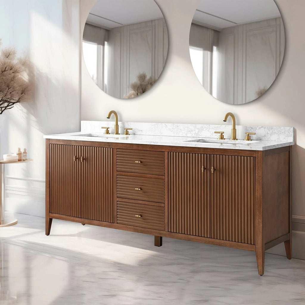 Mobile lavabo doppio Vanity Art 72 per bagno, con top in marmo tecnico