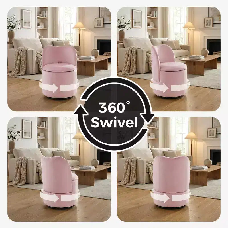 Sedia da toilette girevole con contenitore, Sgabello da trucco rotondo imbottito con schienale, Poltroncina a botte imbottita per camera da letto e soggiorno