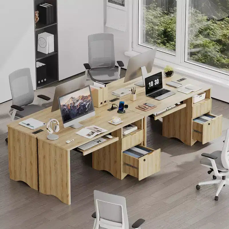 Bestier Scrivania per computer Smart 55", Scrivania in rovere con cassetti per documenti e presa di corrente, Scrivania direzionale con scomparti aperti e vassoio per tastiera
