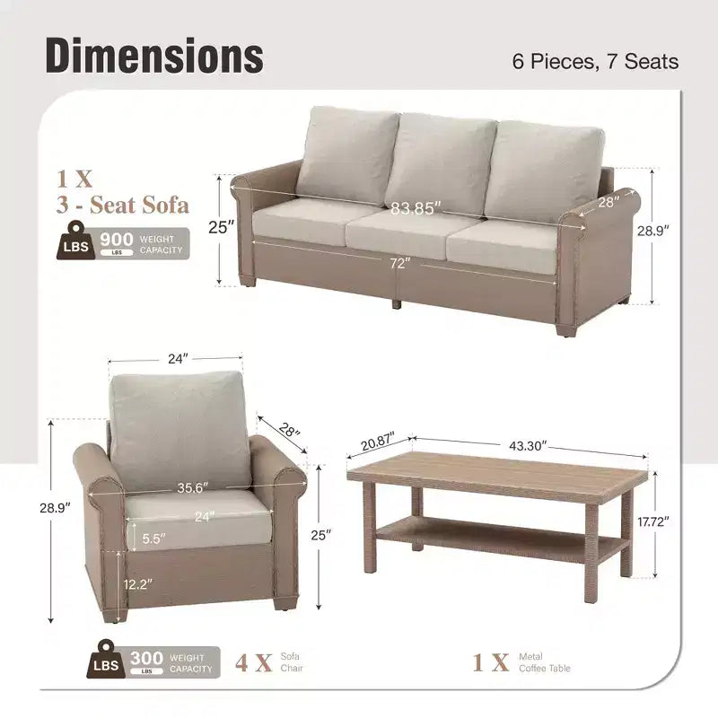 Captiva Designs Set Divano da Giardino di Lusso in Rattan a 6 Pezzi con Braccioli Curvi e Cuscini