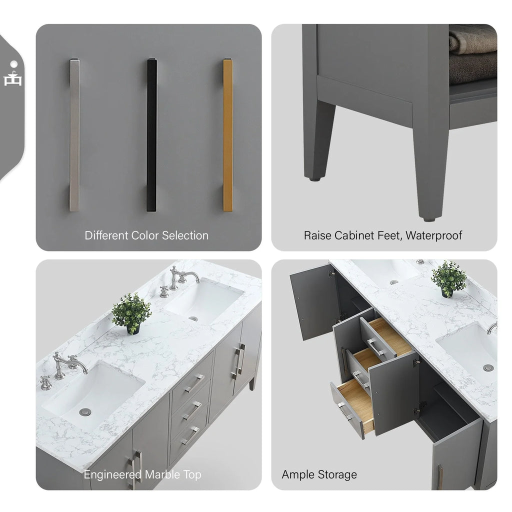 Mobile lavabo doppio Vanity Art 72 per bagno, con top in marmo tecnico