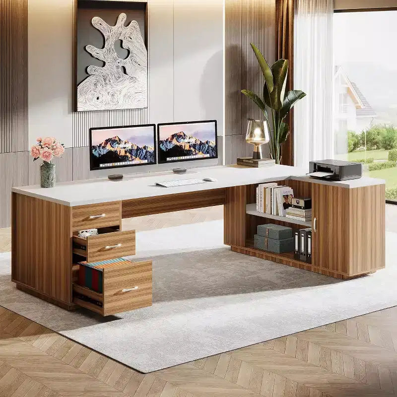 Scrivania direzionale a L Lantine 85,8, scrivania da computer da ufficio extra large con cassetti portadocumenti per l'home office