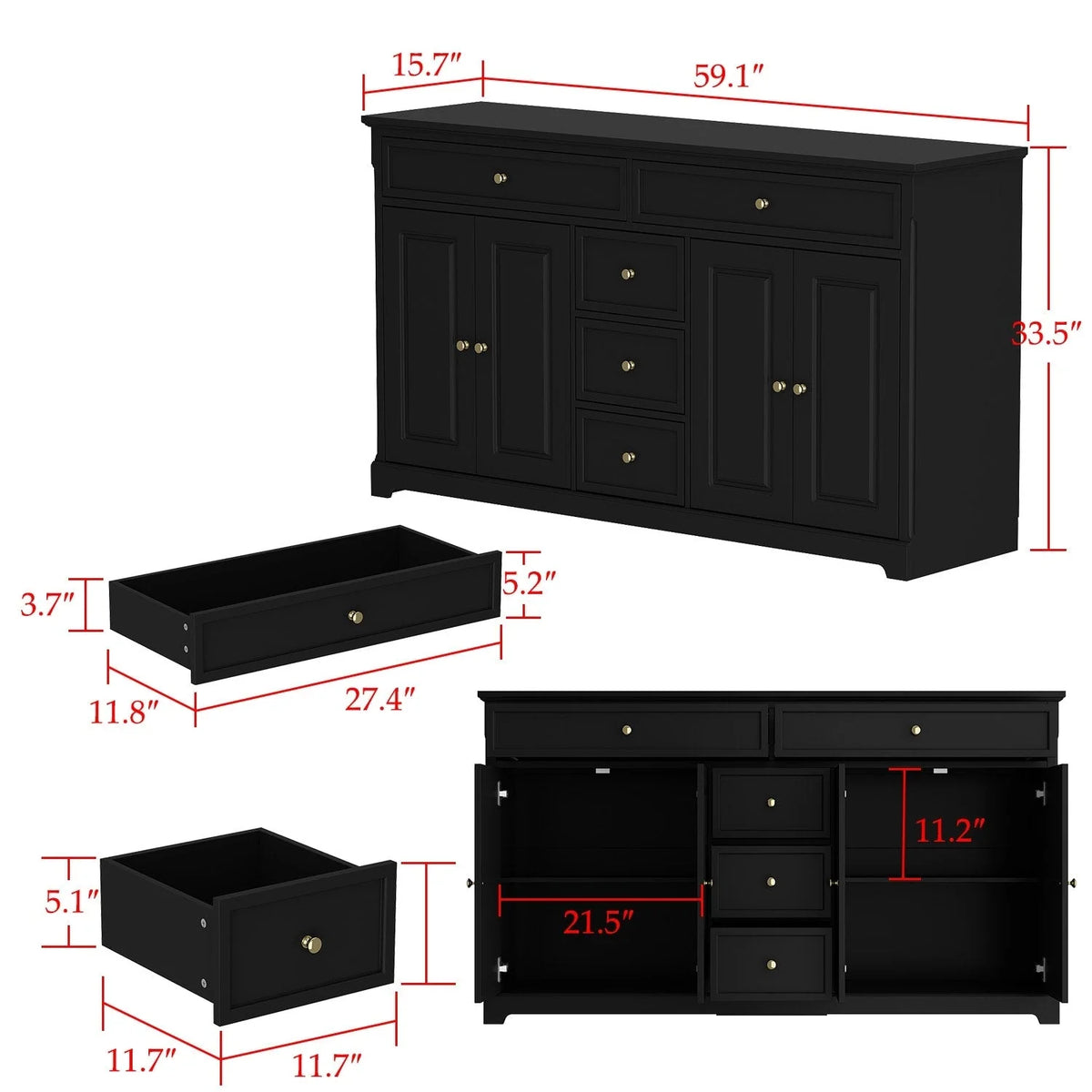 59.1'' Credenza Buffet Bianco Laccato Mid-Century Modern Contemporaneo