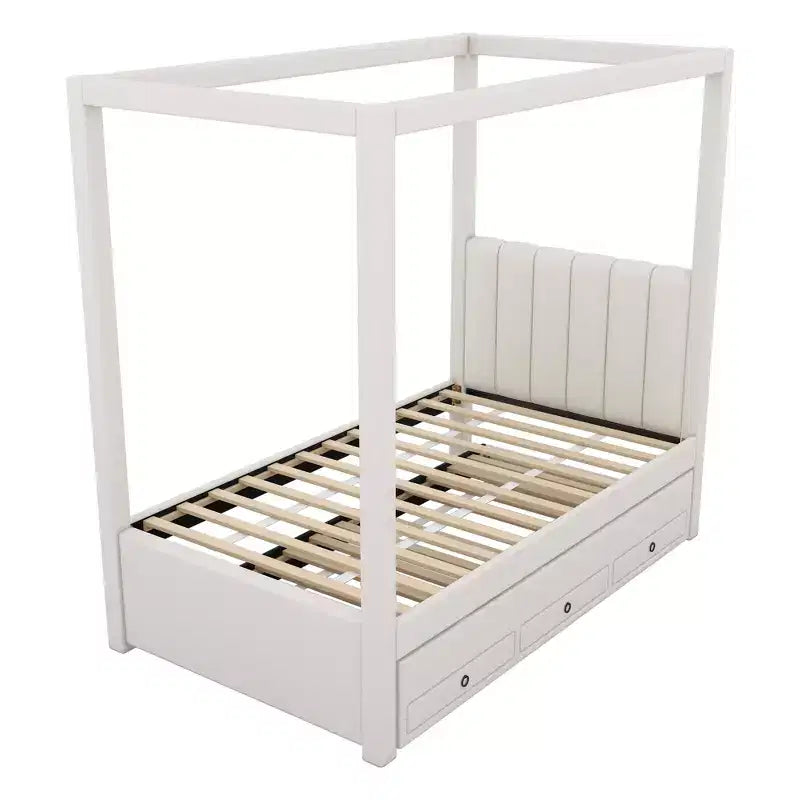 Letto a baldacchino in tessuto di lino full size con letto estraibile e tre cassetti portaoggetti