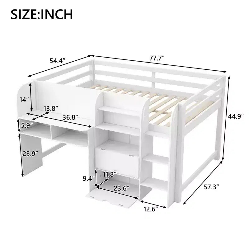 Letto a soppalco basso rosa/bianco con scrivania, contenitore e lavagna bianca - Singolo, 1 persona
