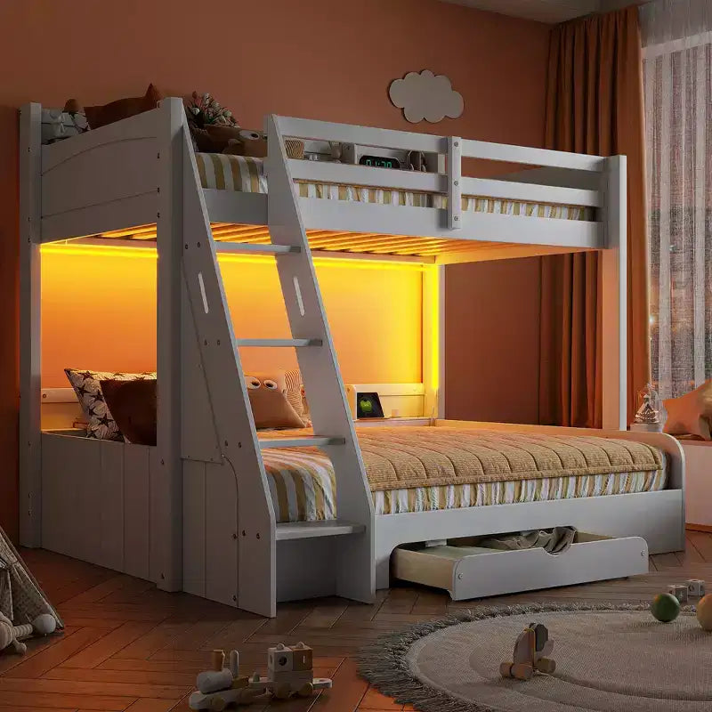 Letto a castello singolo su piazza e mezza con contenitore, luci LED e stazione di ricarica, letto a castello in legno con mensole laterali per bambini e ragazzi