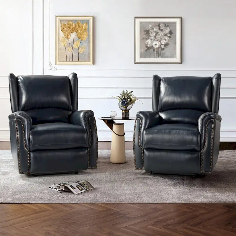 Fauteuil inclinable électrique en cuir véritable avec port USB – Ensemble de 2 fauteuils à oreilles cloutés